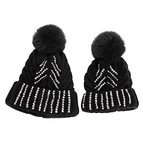 HGps8w Womens Girls Winter Beanie Hat Rhinestone Slouchy Beanie Chunky Knit Soft Warm Cap with Pom Pom for Adult and Kids4