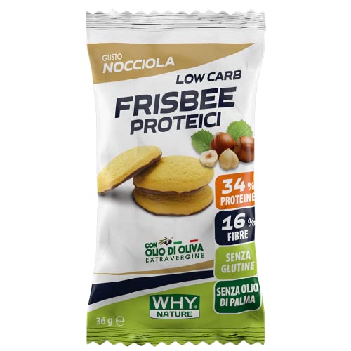 WHY NATURE LOW CARB FRISBEE PROTEICI - Biscotti Proteici con Base di Cioccolato - Senza Glutine per una Colazione Proteica - Gusto Nocciola - 36 gr