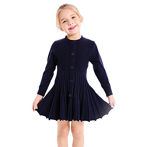 SMILING PINKER Little Girls Pleated Dress School Uniform Long Sleeve Button Front Knit Sweater Dress