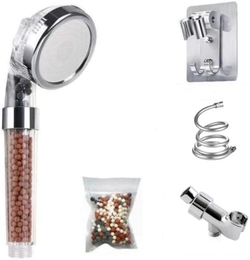 Mineral Stream - Kit completo de cabezal de ducha iónico con cuentas de repuesto + manguera, soporte de ducha y desviador de brazo, 3 ajustes de