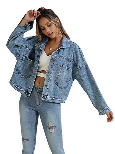 Floerns Women's Classic Button Up Denim Jean Jacket with Pockets Light Blue M