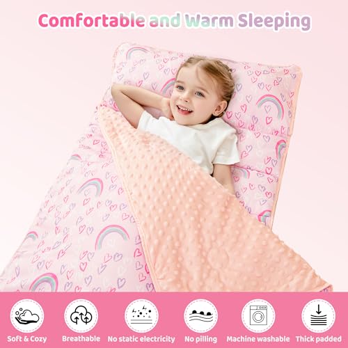 Image of Viviland Toddler Kid Nap Mat for Preschool, Girls Pink Rainbow Slumber Bag, Daycare Sleeping Bag with Pillow and Blanket, Kindergarten Sleep Mat