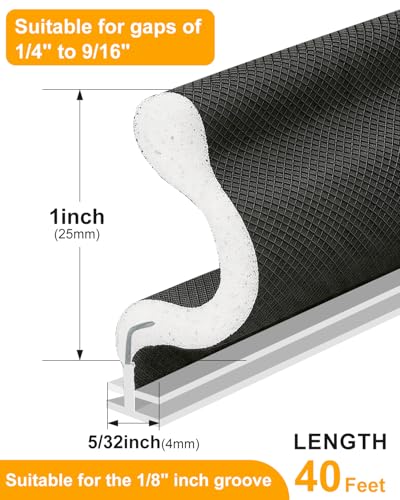 40FT Weather Stripping Door Seal: Sound Proof Draft Blocker Kerf Weather Stripping for Exterior Front Door, Large Gap Seal, Easy to Install (Balck) — view 2