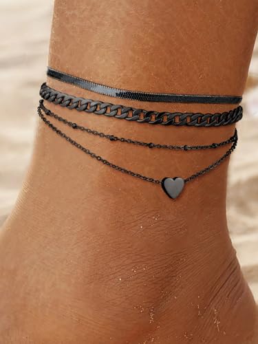 Image of FOCALOOK Anklet Bracelets Set for Women, 14K Gold Plated Waterproof Cuban Link Chain Layered Anklets Set for Plus Size Ankle 8-10.5 Inch Adjustable Summer Beach Jewelry Gift