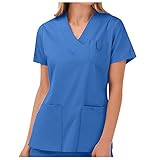 STPT Damen Arbeitskleidung Uniformen, Casual Einfarbig Kurzarm V-Ausschnitt Schlupfkasack Damen Übergröße Kasack Pflege mit Taschen, Berufskleidung Nurse Krankenpfleger