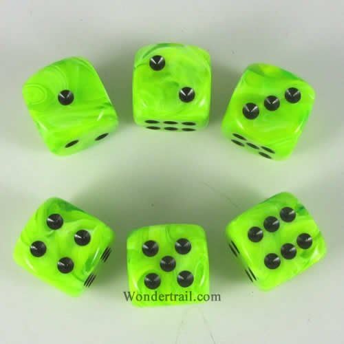 Wondertrail Bright Green Vortex Dice with Black Pips 16mm (5/8in) D6 Set of 6 WCX27630E6