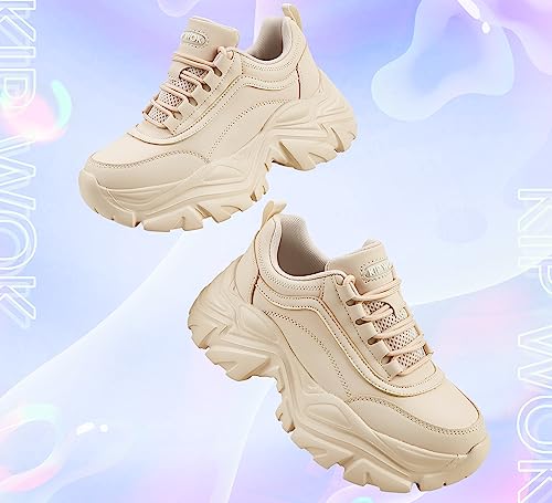 Image of K KIP WOK Chunky Sneakers for Women Fashion Platform White Leather Casual Dad Shoes Comfortable Wedge Walking Sport Sneakers | White Leather Casual Dad Shoes Comfortable Wedge Walking Sport Sneakers