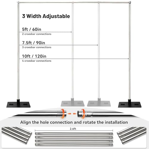 Heavy Duty Pipe and Drape Frame Kit 10x10ft Adjustable Height/Width Photography Background Support Poles All-Metal Construction Backdrop Stand for Party, Birthday, Wedding - Silver - image 3