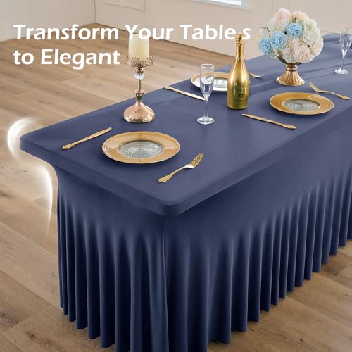 Image of 2 pk Navy Blue Spandex Tablecloth 8ft With Ruffle Table Skirt, Wrinkle Free Stretchy Fitted Tablecloths for 8 Foot Rectangle Tables, Elastic Spandex Table Covers 8ft for Weddings Parties Banquet Craft