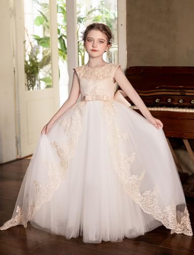 Tulle First Communion Dress for Girls Lace Applique Flower Girl Dress Long Ball Gown with Bow-Knot2