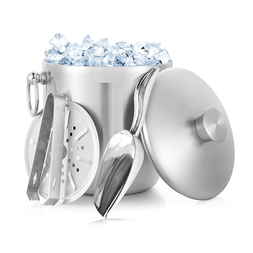 Balde De Gelo Isolado De Aço Inoxidável De 3 Litros Com Tampa, Colher, Pinça E Coador