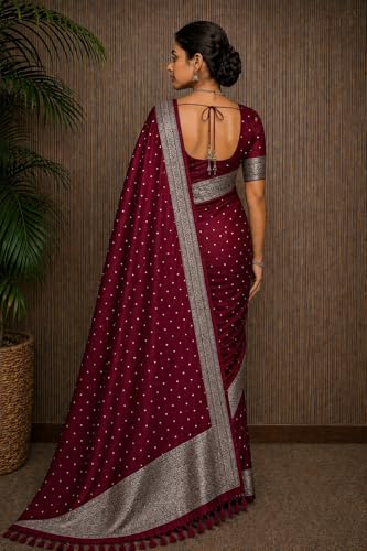 Image of Women's Glory Kanjivaram Banarasi Silk Saree with Polka Dot Embroidery Blend Woven Zari with Jacquard Woven Unstitched Blouse Piece.