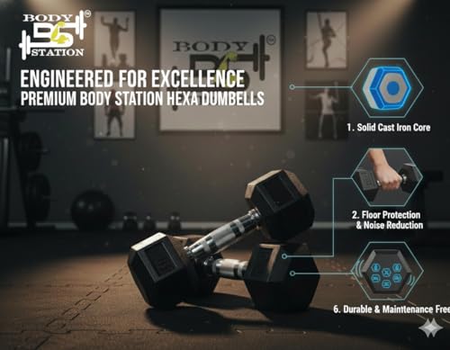 Image of Premium Rubber Hexa Dumbbells (Pair) - Heavy Duty Cast Iron Hand Weights with Ergonomic Knurled Grip - Designed for Home Gym, Strength Training & Full Body Workout (Set of 2) (10 Kg x 2)