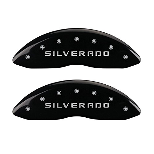 Image of MGP Caliper Covers 14002SSILBK 'SILVERADO' Engraved Caliper Cover with Black Powder Coat Finish and Silver Characters, (Set of 4)