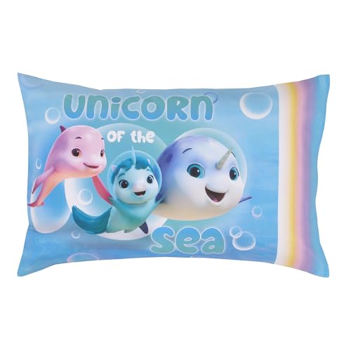 Image of DreamWorks Not Quite Narwhal Make A Splash Blue and Lavender, Unicorn Kelp, and Friends 4 Piece Toddler Bed Set - Comforter, Fitted Bottom Sheet, Flat Top Sheet, and Reversible Pillowcase