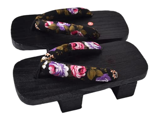 GK-O Women Clogs Japanese Geta Wooden Flip Flops Retro Sandals Slippers Cosplay Costume Shoes (Black Flower)