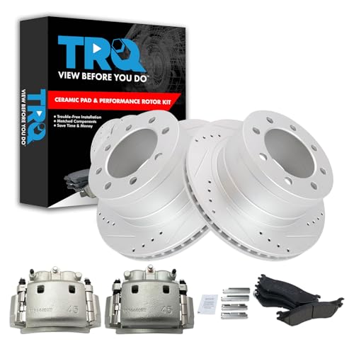 Image of TRQ Rear Performance Brake Pad, Caliper, & Rotor Kit Ceramic Vented Premium G-Coated Compatible with 2006-2008 Dodge Ram 1500 2003-2008 Ram 2500, 3500