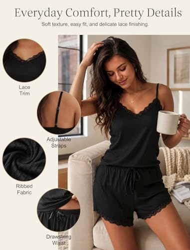 Image of Girece Cami Pajama Set for Women Ribbed Lace Trim 2 Piece Pajamas with Shorts Adjustable Strap Pjs Set Soft Lounge Sleepwear