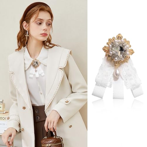 Image of Lace Ribbon Bow Tie Brooch Rhinestone Pearl Necktie for Girl Women Fashion jabot collar brooch pins Pre-Tied Corsage