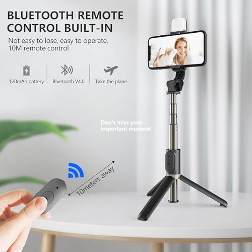 Image of i17 Selfie Stick with Tripod Stand,Extendable Bluetooth Selfie Stick for Mobile Phone,LED Light,Compatible with iPhone & 360 Degree Rotation,Selfie Stick Tripod Stand 4 in 1 Photography,selfi
