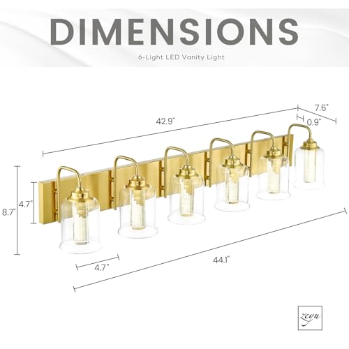 Image of zeyu 6-Light Bathroom Wall Mounted Light, 40W Gold Bathroom Light Fixtures with 5 Color Modes, Brushed Gold Finish with Crystal Bubble and Clear Glass, ZSL72B-6W LED BG