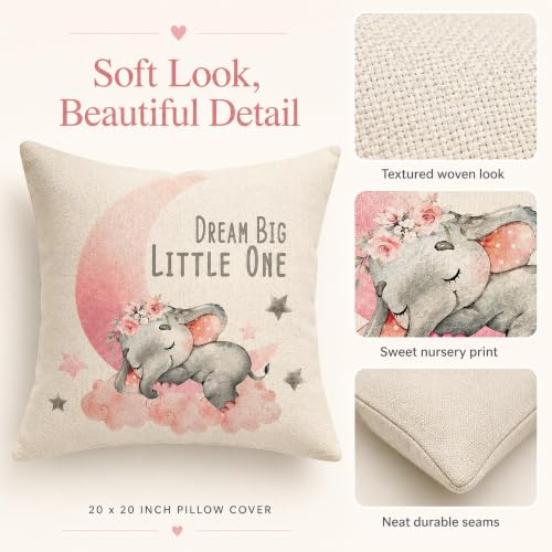 Image of Dream Big Little One Baby Elephant Throw Pillow Cover 20x20 Inch | Watercolor Pink Moon Stars Nursery Decor, Cotton Linen Cushion Case for Baby Girl Room Bedroom Sofa Rocking Chair