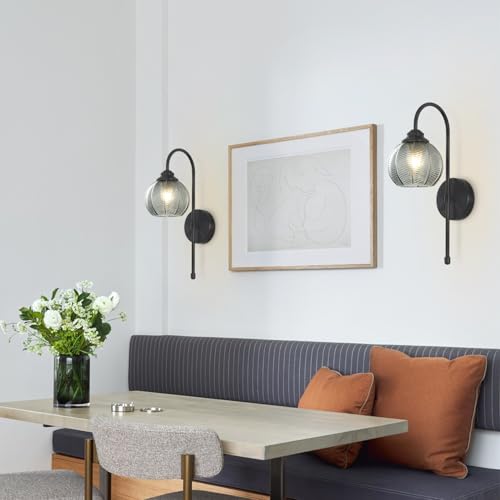 Image of KCO Lighting Modern Glass Globe Wall Sconce Smoke Gray Glass Vanity Light Long Black Wall Sconces Set of Two Industrial Mid Century Wall Sconce Bedroom Wall Lamps Hardwired