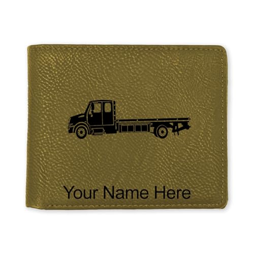 LaserGram Faux Leather Bi-Fold Wallet, Flat Bed Tow Truck, Personalized Engraving Included (Camo Green)