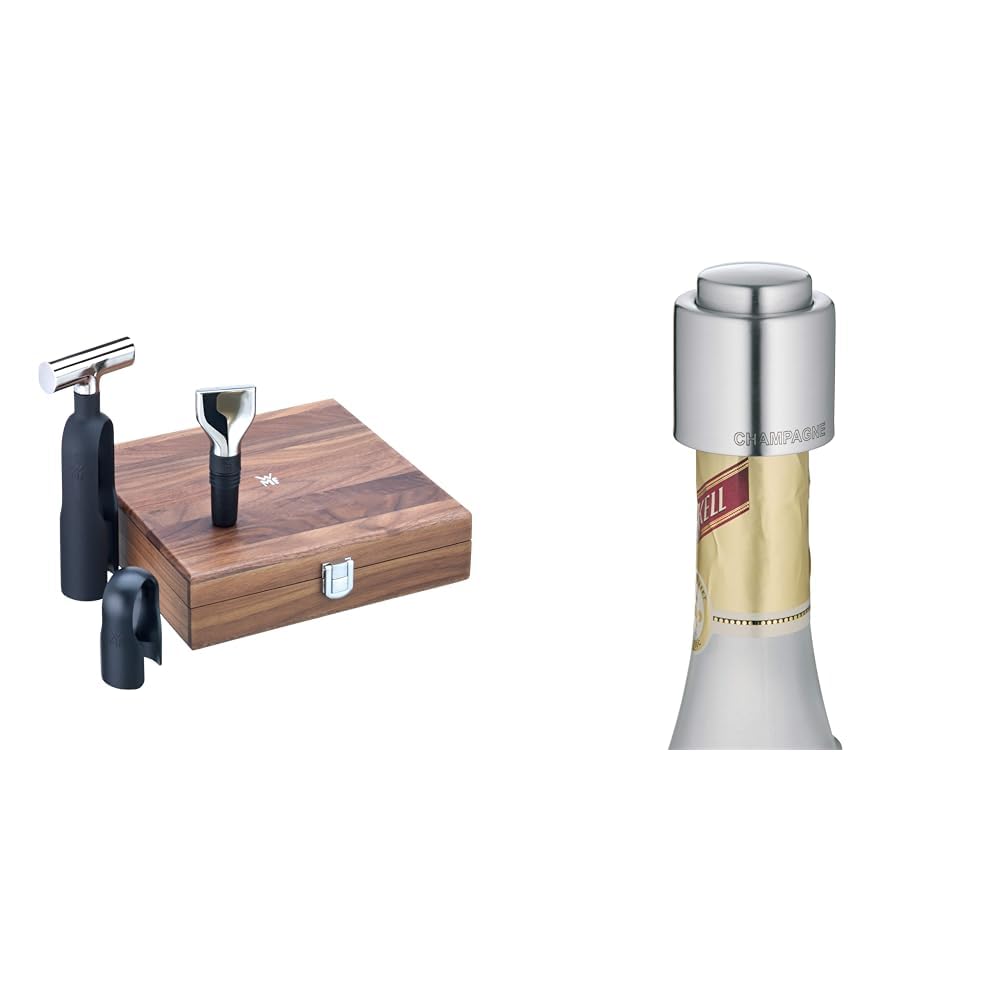 WMF Baric Sommelier Weinset 3-teilig, Korkenzieher & Clever&More Sektverschluss mit Aufschrift 3,5 cm, Champagner Verschluss, Sektflaschenverschluß, Cromargan Edelstahl mattiert, Flaschenverschluss