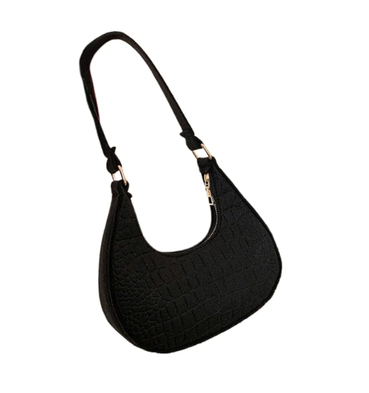 Bolsa de ombro com zíper cor sólida textura elegante versátil bolsa meia lua feminina(preto)