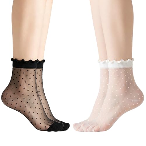 DIPZO 4 Pares de Calcetines Transparentes con Lunares para Mujer - Calcetines de Rejilla con Volantes, Calcetines de Encaje Transpirables para Estilo Casual