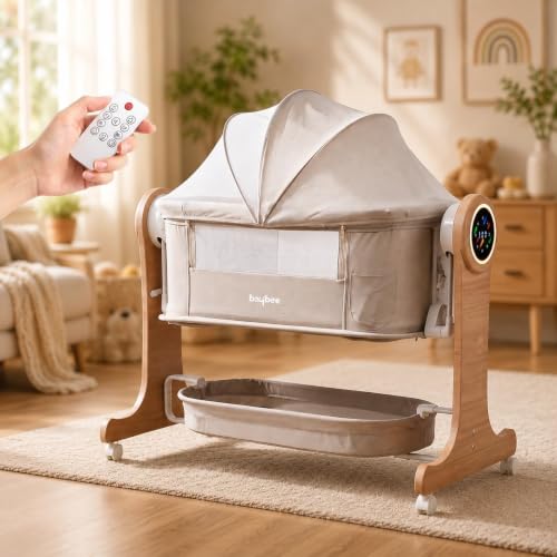 BAYBEE 3-in-1 Wooden Electric Swing Cradle for New Born Baby | Bassinet, Bedside Crib & Playard with 5-Speed Automatic Swing | 3-Level Height Adjustme