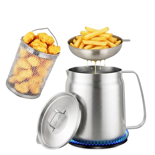 68oz Large Stovetop Deep Fryer Pot, 304 Stainless Steel Fryer with Basket for Golden, Restaurant-StyleFrench Fries, Crispy Chicken, Professional Steel Pour Pot for Kitchen and Camping(2L)