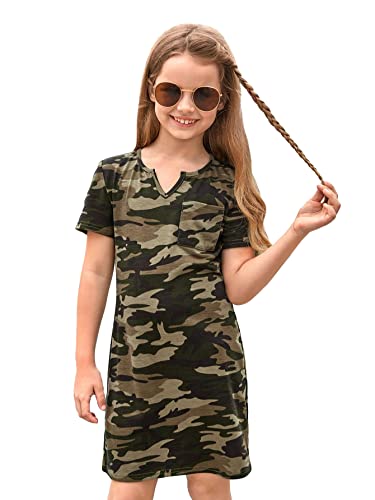 WDIRARA Girl's Camo Print Notched Neckline Straight Hem Short Sleeve Knitted Tee Dress