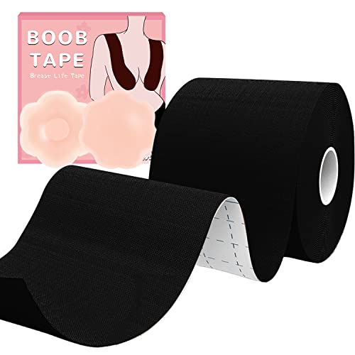 Boob Tape for Breast Lift Boobytape, 1 Box Breast Tape Lifting with 2 PCS Nipple Cover Set, Breathable Nipple Tape 2 inch Adhesive Lift and Push Up Tape Black
