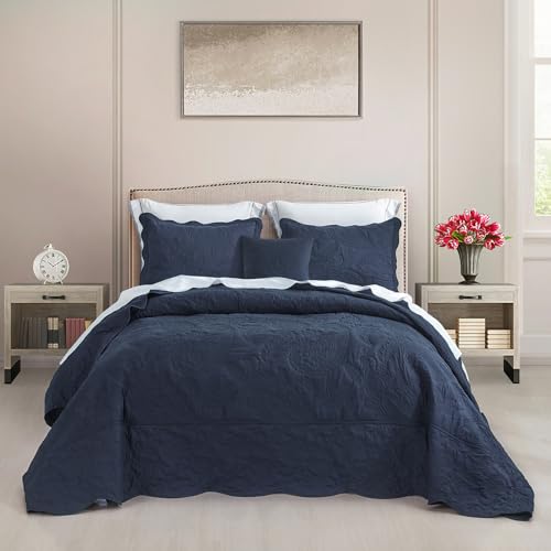Image of HZ & HY Oversized Queen Bedspread, Stitched Paisley Quilt Set Queen Size, Lightweight Reversible Coverlet, Scalloped Edge - Deep Classic Look, 5 Piece, Polar Night