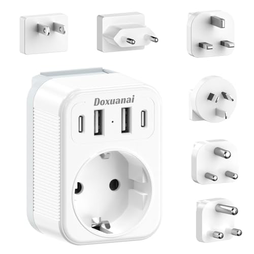 Adaptador de viaje universal, set completo con 4 puertos USB (2 USB-C), tipos A/C/G/I/M/D, adaptador de enchufe internacional, compatible con EE. UU./Europa/Reino Unido/Sudáfrica/Japón/China/Aus/India