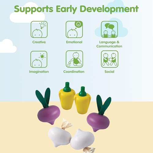 Image of PlanToys Wooden Fresh Produce Set Red Radishes, Garlics and Yellow Bell Peppers | Pretend Play Food for Imaginative Cooking, Role Play and Fine Motor Skills | Montessori Eco Friendly Kitchen Toy