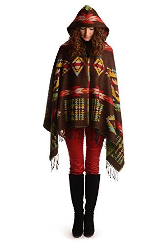 Poncho marron Aztec à capuche LissKiss en maille tissée 80x192cm