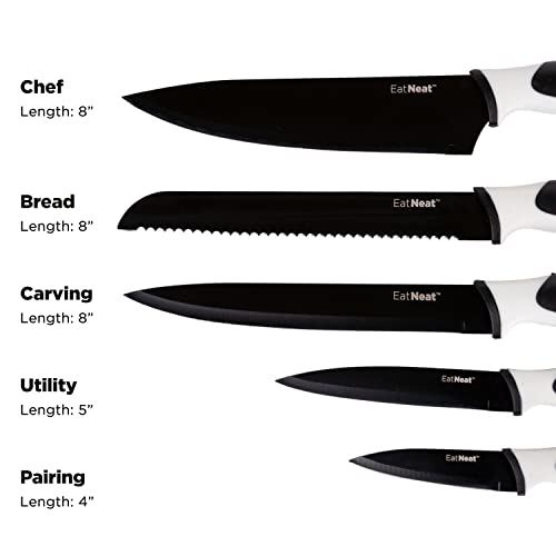 EatNeat 12 Piece Knife Set: Sleek Black Non-Stick Coated Stainless Steel Knives, Protective Sheaths, Cutting Board & Sharpener - Gifts for New Home, Apartments, RV - Ergonomic Sharp Kitchen Knives EatNeat 12 Piece Knife Set: Sleek Black Non-Stick Coated Stainless Steel Knives, Protective Sheaths, Cutting Board & Sharpener - Gifts for New Home, Apartments, RV - Ergonomic Sharp Kitchen Knives
