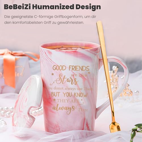 Best Friend Birthday Gifts for Women – Friendship Present for Women, BFF Gift Idea for Female Besties | 400ml Pink Marble Ceramic Gold Print Coffee Mug with Spoon, Lid, Card & Gift Box