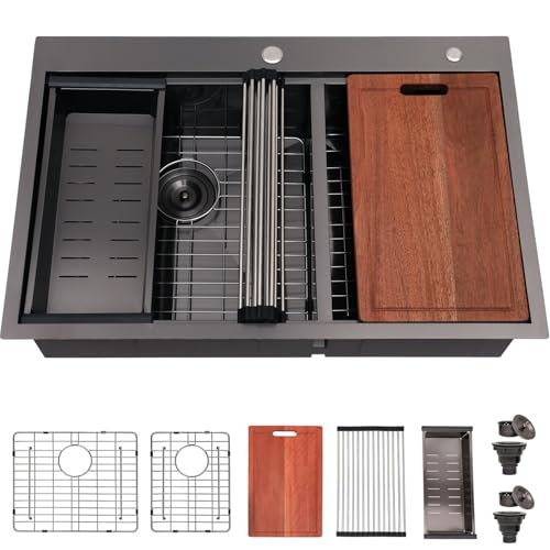 UFaucet 60/40 Drop In Double Bowl Kitchen Sink Black, 33x22 Inch Gunmetal Black Drop In Kitchen Sink Ledge Workstation 16 Gauge Stainless Steel Topmount Dual Basin with Cutting Board