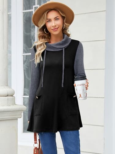 Bulotus Fall Sweaters for Women 2025 Cowl Neck Asymmetrical Long Tunics for Leggings Vacation Travel Tops with Pockets