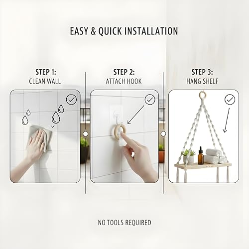Image of 1-Tier Macrame Wall Hanging Shelf (Includes Mounting Hook) Boho Wooden Floating Shelves for Wall Decor - Handmade Cotton Rope Plant Hanger & Organizer for Living Room, Bedroom, Balcony