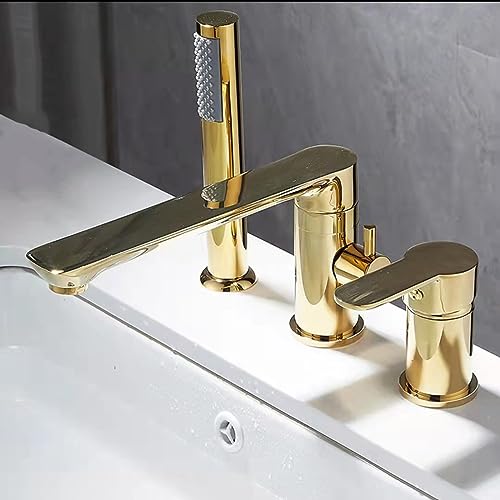 Mitigeur de baignoire chic en or à trois trous, robinet extractible haut de gamme avec douche