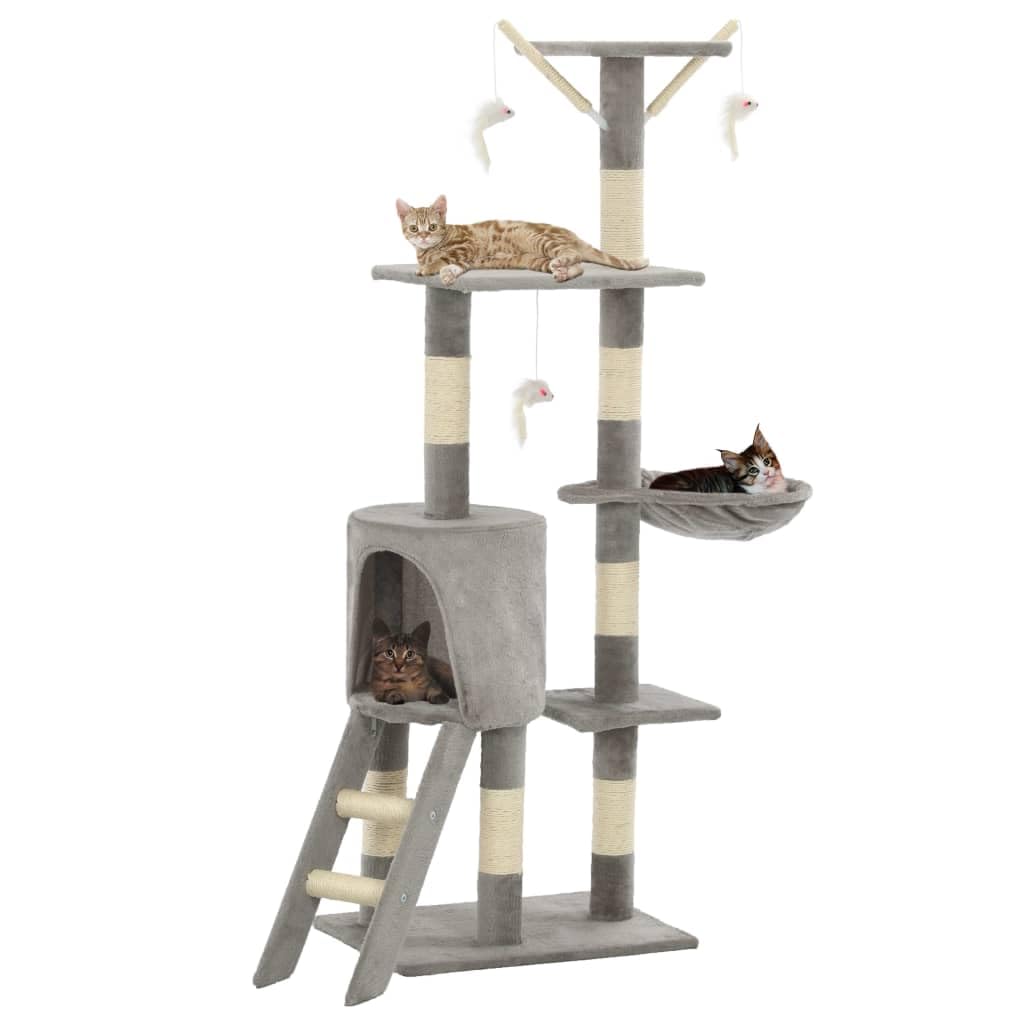 Árbol rascador para gatos con columnas de sisal, 138 cm, color gris, muebles de escalada con cueva, plataformas, zonas de descanso y 3 juguetes de ratón para apartamento