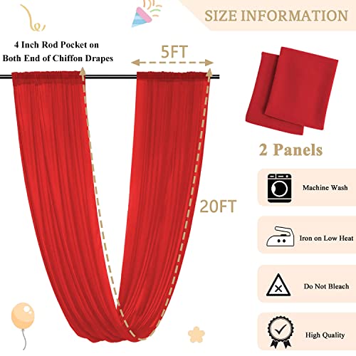 MODFUNS Red Ceiling Drapes for Parties Wedding Ceiling Drapery 2 Panels 5x20FT Chiffon Curtain for Backdrop Wedding Arch Draping Fabric for Ceremony Arbor Ceiling Curtains for Hall Stage Decorations