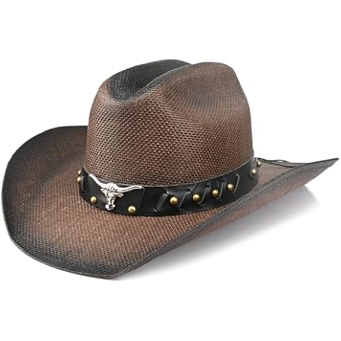 Retro Cowgirl Hats Western Straw hat,Mens Womens Cowboy Hat with Metal Texture,Bull Head Badge Hats (US, Alpha, Medium, Large, Dark Brown) Cover