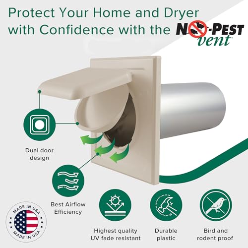 Image of NO-PEST VENT Dual Door Dryer Vent Cover 4 Inch Outdoor, Made in USA, Highest UV-Resistant Plastic, No Lint-Collecting Screen (Tan, 4 inch Plastic Vent No Collar)