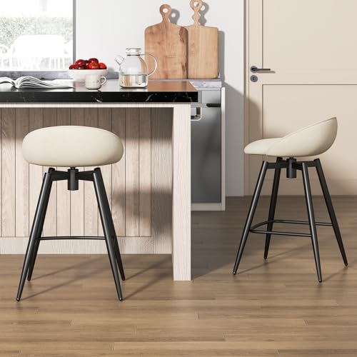 COSTWAY Set de 2 Butacos Tapizados para Barra con Altura de 25", Giratorios 360° con Respaldo y Reposa pies, Estructura Metálica Robusta, Sillas de Desayuno sin Brazos Beige miniatura 2